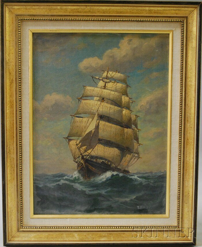 William F. Paskell, also known as T. Bailey (Ameri: William F. Paskell, also known as T. Bailey (American, 1866-1951) Sailing Ship. Signed "T. Bailey" l.r. Oil on canvas, 14 x 10 in., framed. Condition: Surface grime.