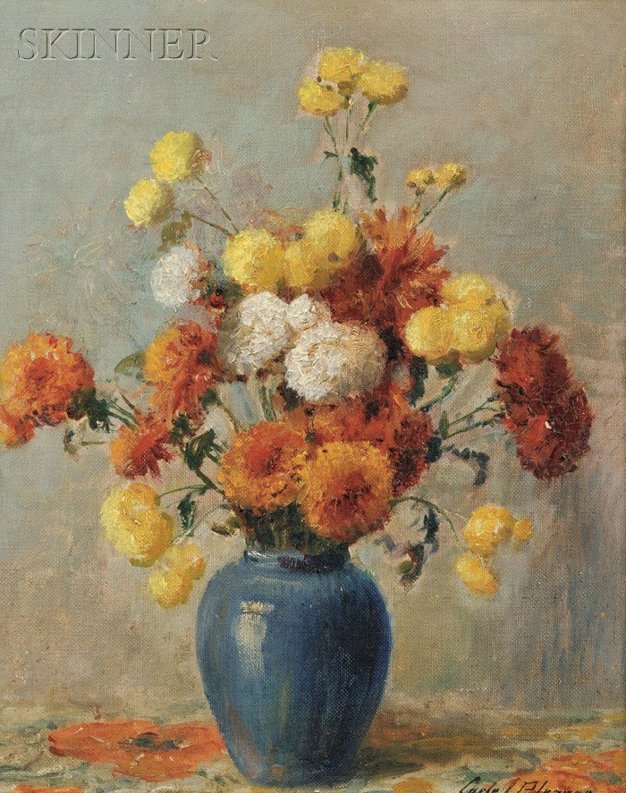 Carle John Blenner (American, 1862-1952) Still Li: Carle John Blenner (American, 1862-1952) Still Life with Chrysanthemums. Signed "Carle J. Blenner" l.r. Oil on canvasboard, 14 x 11 in., framed. Condition: Surface grime.