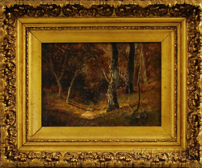 George William Whitaker (American, 1841-1916) Fall: George William Whitaker (American, 1841-1916) Fall Trees. Signed and dated "GW Whitaker 96" l.l. Oil on canvas, 10 x 14 in., framed. Condition: Tear, craquelure, stretcher bar marks, surface grime.