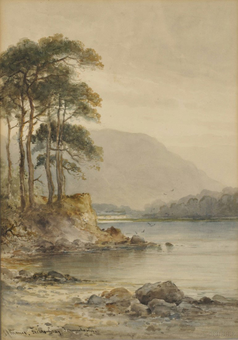 Emil Axel Krause (Danish, 1871-1945) Friars Crag,: Emil Axel Krause (Danish, 1871-1945) Friars Crag, Derwentwater. Signed and titled "E. A. Krause..." l.l., with a label from Goodspeed's Book Shop, Inc., on the frame backing paper. Watercolor on pa
