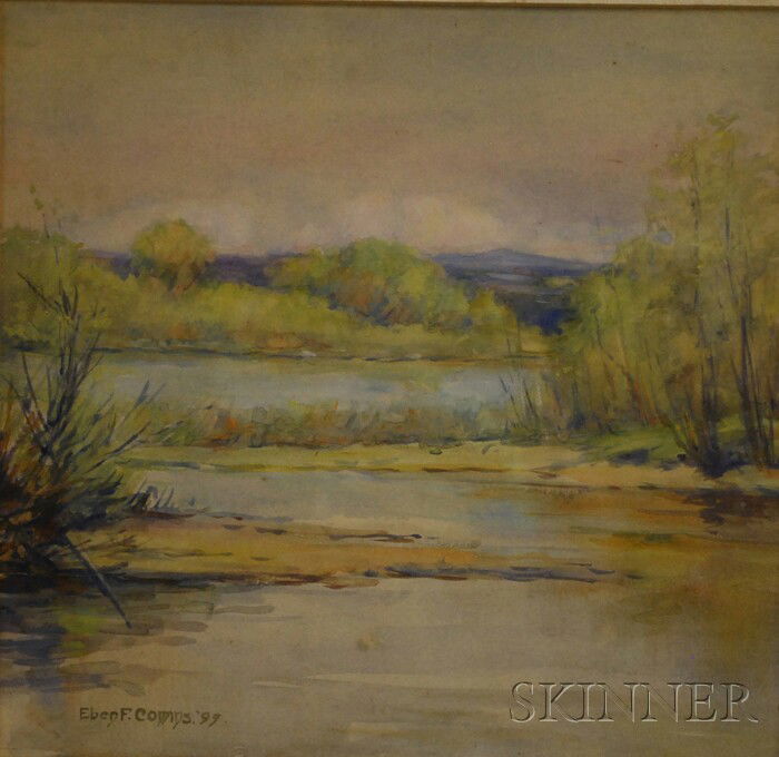 Eben Farrington Comins (American, 1875-1949) Meand: Eben Farrington Comins (American, 1875-1949) Meandering Stream. Signed and dated "Eben F. Comins. '99" l.l. Watercolor on paper, sight size 12 x 12 1/2 in., framed. Condition: Toning, staining, not