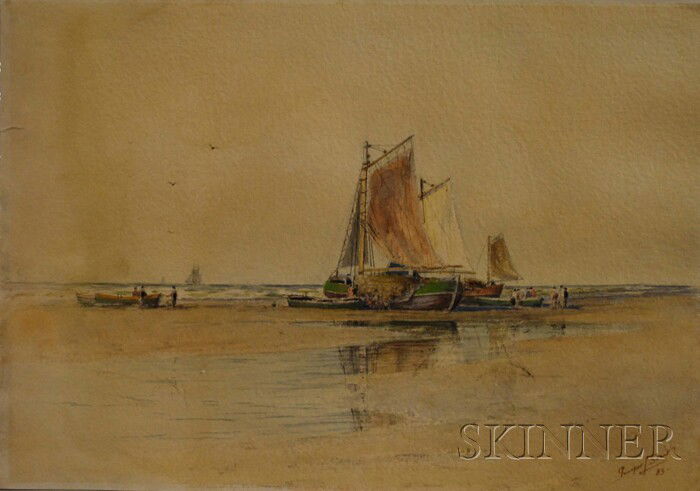 Prosper Louis Senat (American, 1852-1925) Fishing: Prosper Louis Senat (American, 1852-1925) Fishing Boats on a Beach. Signed and dated "Prosper L. Senat/83." l.l. Watercolor and graphite on paper, 14 x 20 in., unmatted, unframed. Condition: Small tea