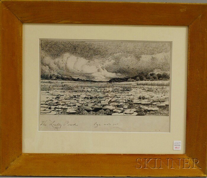 Charles Henry (Harry) Eaton (American, 1850-1901) : Charles Henry (Harry) Eaton (American, 1850-1901) The Lilly Pond. Signed "C. Harry Eaton" l.r. Ink on paper, sight size 10 1/4 x 15 in., framed. Condition: Foxing, staining, not examined out of f
