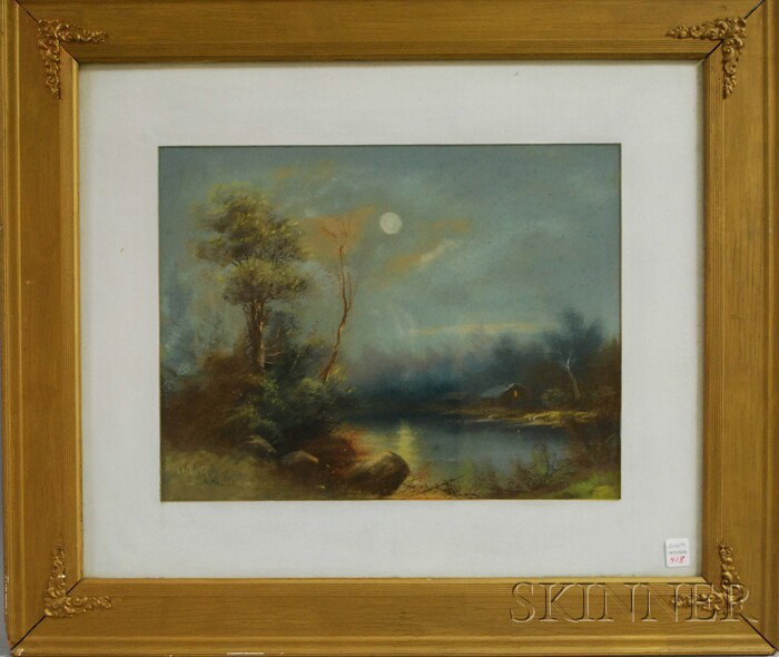 William Henry Chandler (American, 1854-1928) Moonl: William Henry Chandler (American, 1854-1928) Moonlit Lake with Cabin. Signed "Chandler" l.l. Pastel on paper, 20 x 24 in., framed. Condition: Foxing, not examined out of frame.