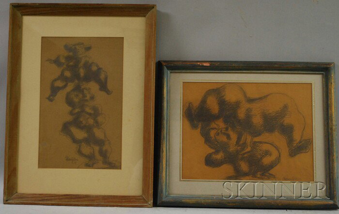 Chaim Gross (Austrian/American, 1904-1991): Chaim Gross (Austrian/American, 1904-1991) Lot of Two Works Depicting Acrobats. Both signed and dated "Chaim Gross." Graphite on paper, sight sizes to 16 3/4 x 16 1/4 in., framed. Condition: Toned,