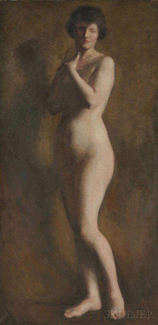Attributed to William McGregor Paxton (American, 1: Attributed to William McGregor Paxton (American, 1869-1941) Standing Nude Woman. Unsigned. Oil on canvas, 48 x 24 in., unframed. Condition: Surface grime, surface abrasions, edge wear, stretcher bar