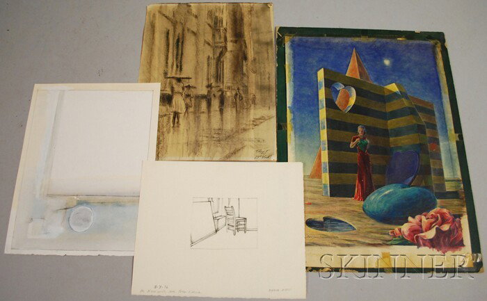 American School, 20th Century Lot of Four Works on: American School, 20th Century Lot of Four Works on Paper: Theodore Lux Feininger (American, b. 1910), 23rd Street, 1942, watercolor and graphite on paper, 12 1/4 x 9 1/4 in., unframed
