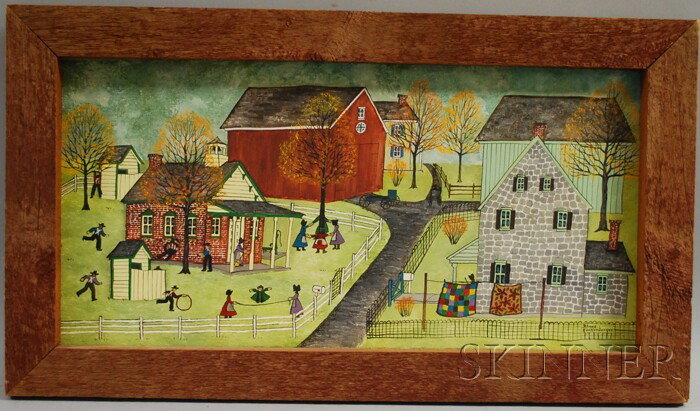 Dolores Hackenberger (American, b. 1930) Amish Vil: Dolores Hackenberger (American, b. 1930) Amish Village Scene with Schoolyard. Signed "Dolores Hackenberger" l.r. Oil on canvas, 12 x 24 in., framed. Condition: Good.