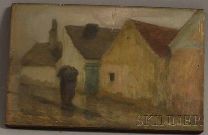 Franz Windhager (Austrian, 1879-1959) Rainy Villag: Franz Windhager (Austrian, 1879-1959) Rainy Village Street Scene. Incised "F. Windhager" l.r. Oil on board, 4 x 6 in., unframed. Condition: Pinholes, crack to board u.c. quadrant, frame abrasions.