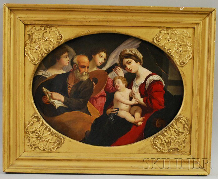 Continental School, 19th Century The Holy Family. : Continental School, 19th Century The Holy Family. Unsigned. Oil on copper, 12 3/8 x 16 3/8 in. (oval format), framed. Condition: Paint losses, retouch, abrasions, deformation to support, varnish incon