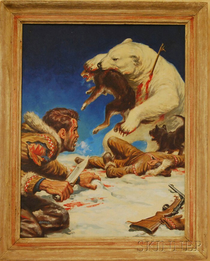 Clarence Doore (American, 1913-1988) Man vs. Polar: Clarence Doore (American, 1913-1988) Man vs. Polar Bear. Signed "CDoore" l.l. Oil on academy board, 14 x 18 in., framed. Condition: Surface grime.