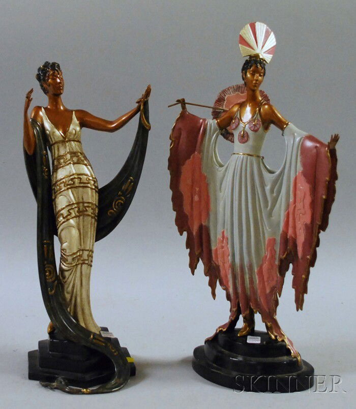Two Art Deco-style Painted Cast Bronze Figural Scu: Two Art Deco-style Painted Cast Bronze Figural Sculptures, 1986, after Erte, produced by Fine Art Acquisitions, edition 354/375 and 28/375, impressed marks including Erte signature, date, producer, an