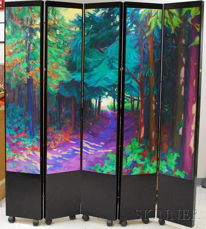 Lisa Ross-Miller (American, 20th Century) Forest S: Lisa Ross-Miller (American, 20th Century) Forest Scene, A Five-Panel Folding Screen. Unsigned. Oil on canvas inset in black painted wood frame/screen, five hinged panels, each 72 x 13 in., on casters.