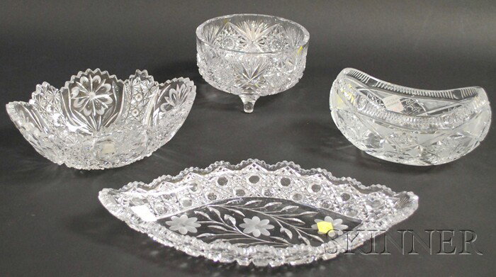 Four Shaped Colorless Cut Glass Table Items, a foo: Four Shaped Colorless Cut Glass Table Items, a footed bowl, tray, and two bowls, lg. to 14 in.