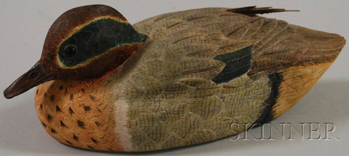 Carved and Painted Green Wing Teal Duck Decoy, "J.: Carved and Painted Green Wing Teal Duck Decoy, "J.C. HARRIS," late 20th century, tucked head on decoy with inset glass eyes, finely delineated bill, feathers, and wing tips, incised maker's name on ba