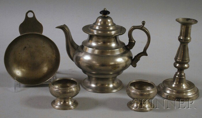 Four Pewter Tableware Items, a teapot by William M: Four Pewter Tableware Items, a teapot by William McQuilken (Philadelphia, 1845-1853), a tab-handle porringer, and a pair of salt cellars, ht. 1 3/4-7 1/4 in.