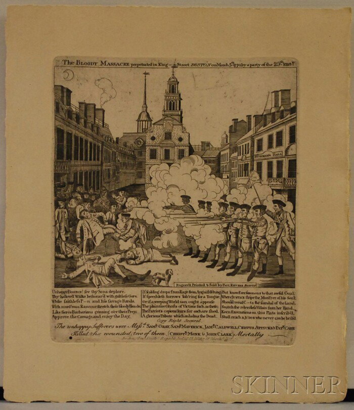 "Fac-Simile" Engraving of Paul Revere's Boston Ma: "Fac-Simile" Engraving of Paul Revere's Boston Massacre, Christopher Monk & John Clark, Boston, republished at 15 Water St., March 15, 1832, engraving on wove paper, titled The Bloody Massacre perpetr