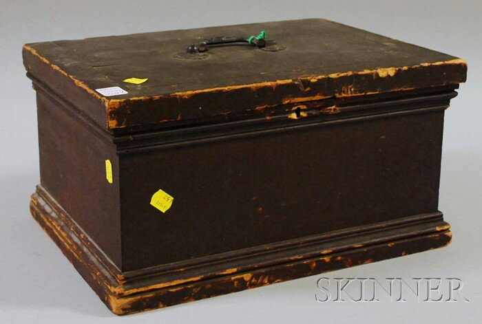 19th Century Brown-painted Pine Dovetail-construc: 19th Century Brown-painted Pine Dovetail-constructed Document Box, with applied moldings, metal top handle, lock key, ht. 8, lg. 15 1/4, wd. 11 in.