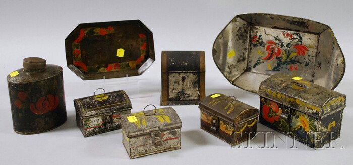 Eight Pieces of Paint-decorated Toleware, a tray,: Eight Pieces of Paint-decorated Toleware, a tray, bread bowl, tea caddy, four dome-top boxes, and a dome-top tea caddy.