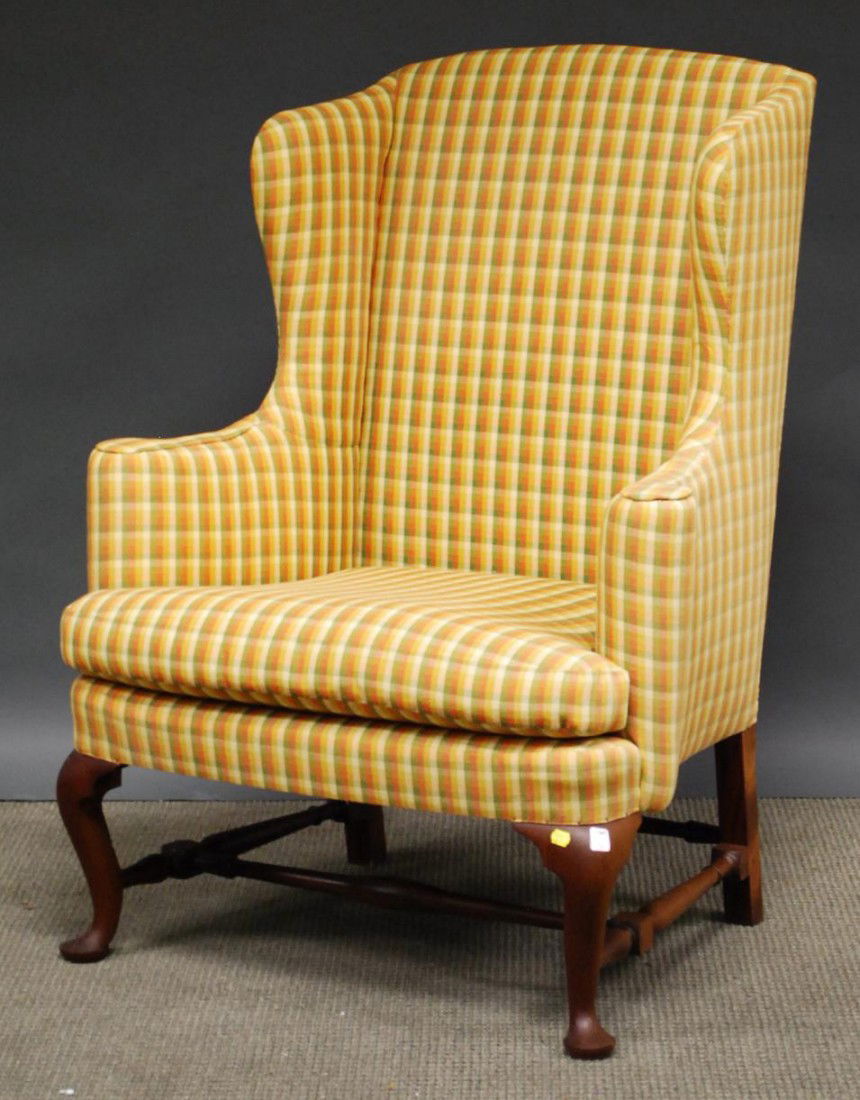Queen Anne-style Upholstered Carved Mahogany Wing: Queen Anne-style Upholstered Carved Mahogany Wing Chair, attributed to Eldred Wheeler.