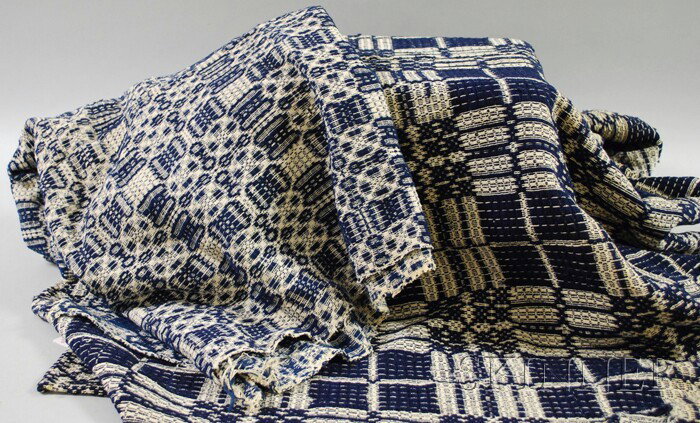 Two Blue and White Woven Wool and Cotton Coverlet: Two Blue and White Woven Wool and Cotton Coverlet Fragments, 85 x 33 and 72 1/2 x 51 in.