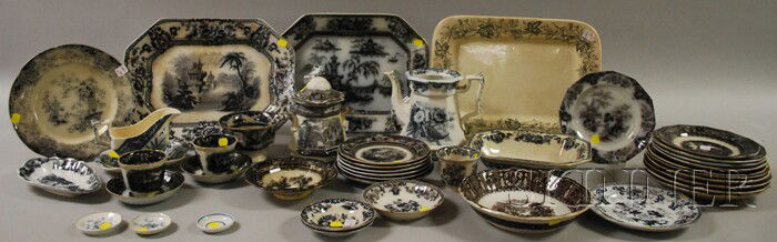 Forty Pieces of Mostly English Flow Mulberry Tran: Forty Pieces of Mostly English Flow Mulberry Transfer-decorated Ironstone Tableware.