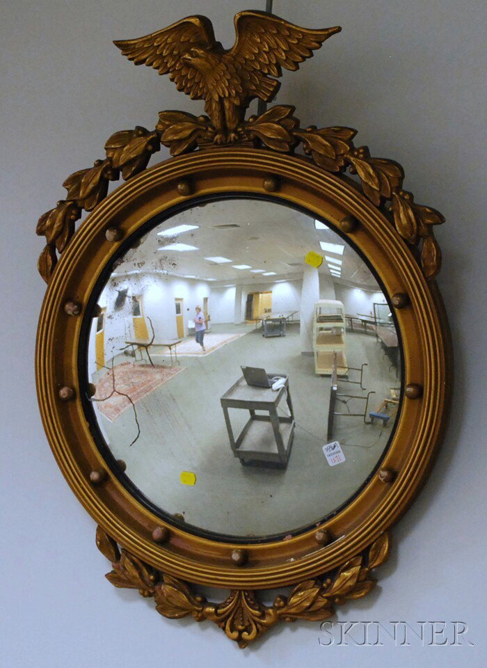 Federal-style Giltwood and Convex Glass Girandole: Federal-style Giltwood and Convex Glass Girandole Mirror, lg. 31 1/2, wd. 22 in.