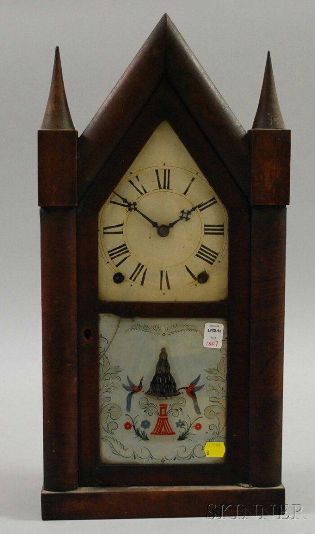 Pond & Barnes Mahogany Veneer Steeple Shelf Clock: Pond & Barnes Mahogany Veneer Steeple Shelf Clock, painted metal dial, reverse-painted glass tablet, brass eight-day time and strike spring-powered movement.