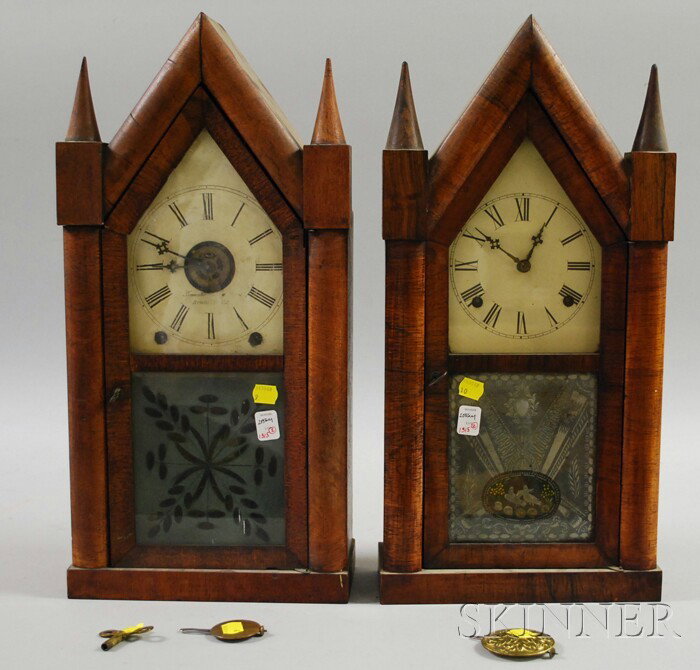 Two Connecticut Veneer Steeple Shelf Clocks, a Br: Two Connecticut Veneer Steeple Shelf Clocks, a Brewster & Ingraham mahogany veneer clock with original painted metal dial, brass eight-day time and strike spring-powered movement with alarm and a Terr
