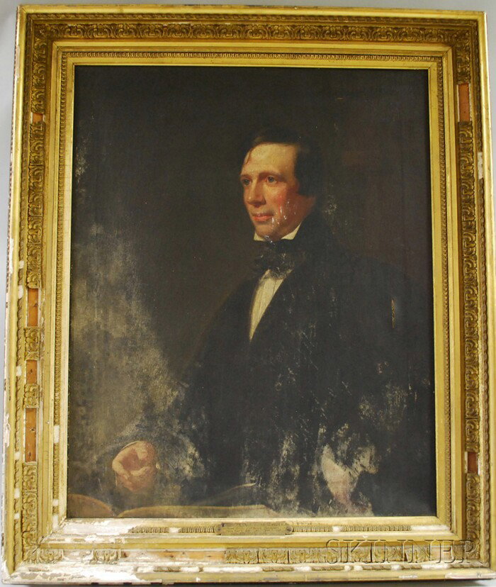 George Hollingworth (1813-1882) Oil on Canvas Por: George Hollingworth (1813-1882) Oil on Canvas Portrait of Rev. Francis Cunningham, second minister of the Third Parish, Dorchester, Massachusetts, unsigned, plaque mounted at bottom of gilt-gesso and 