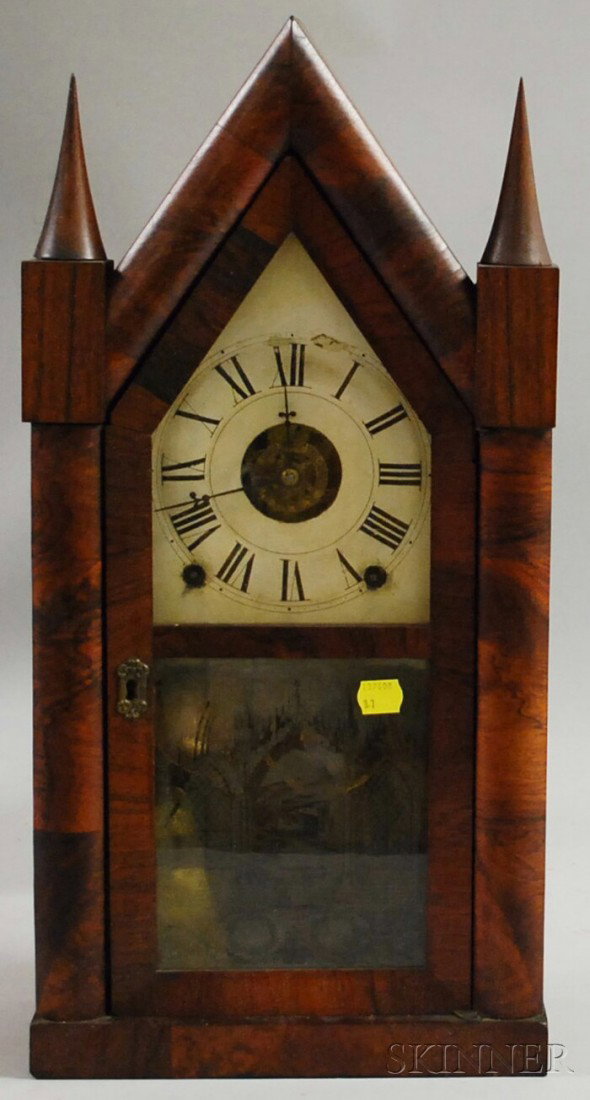 Terry & Andrews Mahogany Veneer Steeple Shelf Clo: Terry & Andrews Mahogany Veneer Steeple Shelf Clock, painted metal dial and frosted glass tablet, brass eight-day time and strike spring-powered movement with alarm.