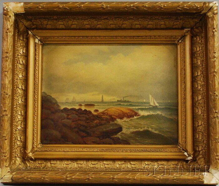 19th Century American School Oil on Academy Board: 19th Century American School Oil on Academy Board View of Minot's Light and Boats, signed l.l. "M. White 1892," framed, board 9 1/4 x 12 1/4 in.