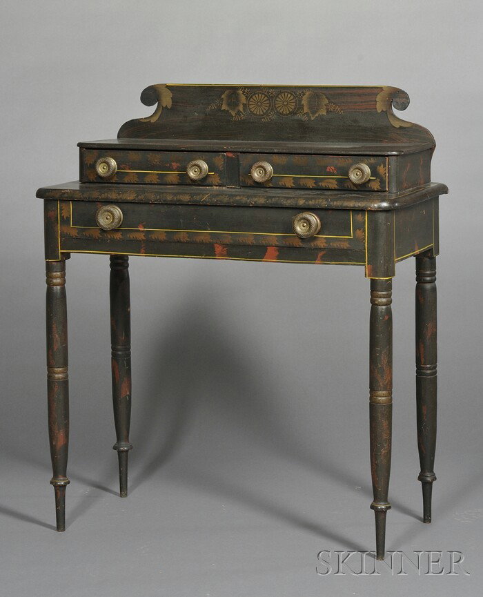 Fancy-Painted Dressing Table, New England, c. 1830,: Fancy-Painted Dressing Table, New England, c. 1830, the surface painted to resemble rosewood and decorated with gilt stencil and foliate designs, original brass pulls, old surface, (minor imperfection
