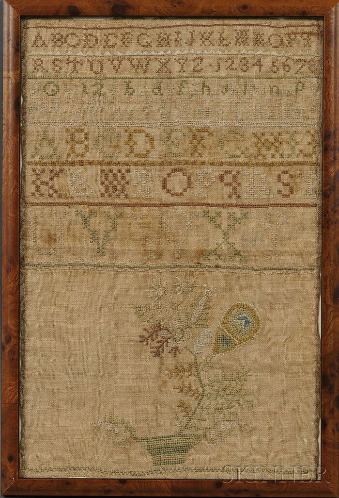 Needlework Sampler, "Rebecca Eliza," early 19th cen: Needlework Sampler, "Rebecca Eliza," early 19th century, worked with silk threads on a linen ground with seven rows of alphabets, over a basket with flowering plant, (toning, fading, stains), 16 1/4 x