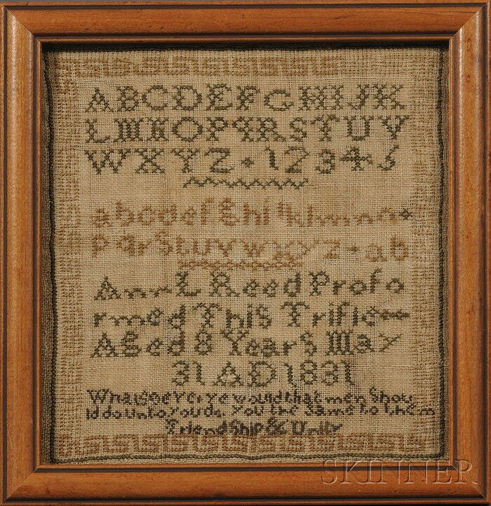 Vermont Needlework Sampler, "Ann L. Reed Proformed: Vermont Needlework Sampler, "Ann L. Reed Proformed This Trifle Aged 8 Years May 31 AD 1831," Shoreham, Addison County, Vermont, worked in silk threads on a linen ground with rows of alphabets and sign
