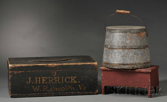 Painted and Signed Vermont Storage Box, Firkin, and: Painted and Signed Vermont Storage Box, Firkin, and Footstool, 19th century, rectangular pine box with hinged lid with leather strap handle, painted black over earlier red, the front inscribed with gi