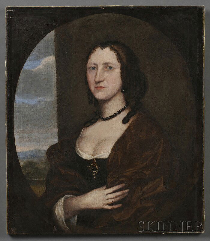 British School, 17th Century Portrait of Mrs. Adam: British School, 17th Century Portrait of Mrs. Adam Winthrop. Unsigned, dated "An 1666" u.l., and inscribed with the age of the subject "47" u.l. Oil on canvas, 25 x 29 in., unframed. Condition: Restor