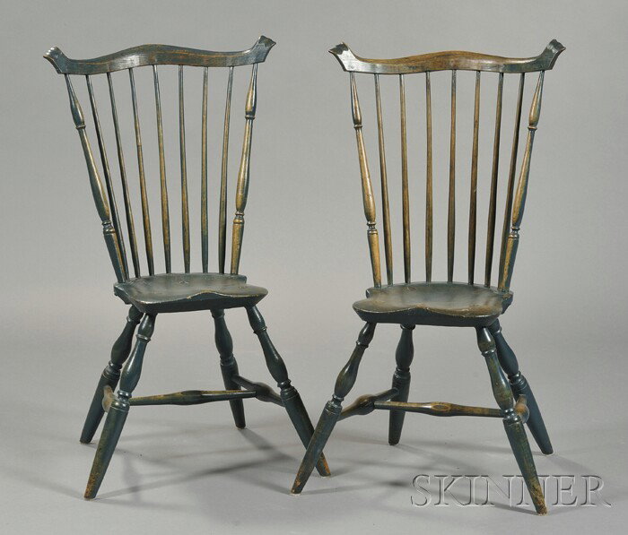 Pair of Fan-back Windsor Side Chairs, southeastern : Pair of Fan-back Windsor Side Chairs, southeastern New England, late 18th century, with carved terminals and saddle seats, and splayed vase- and ring-turned legs, later green-blue paint, (minor imperf