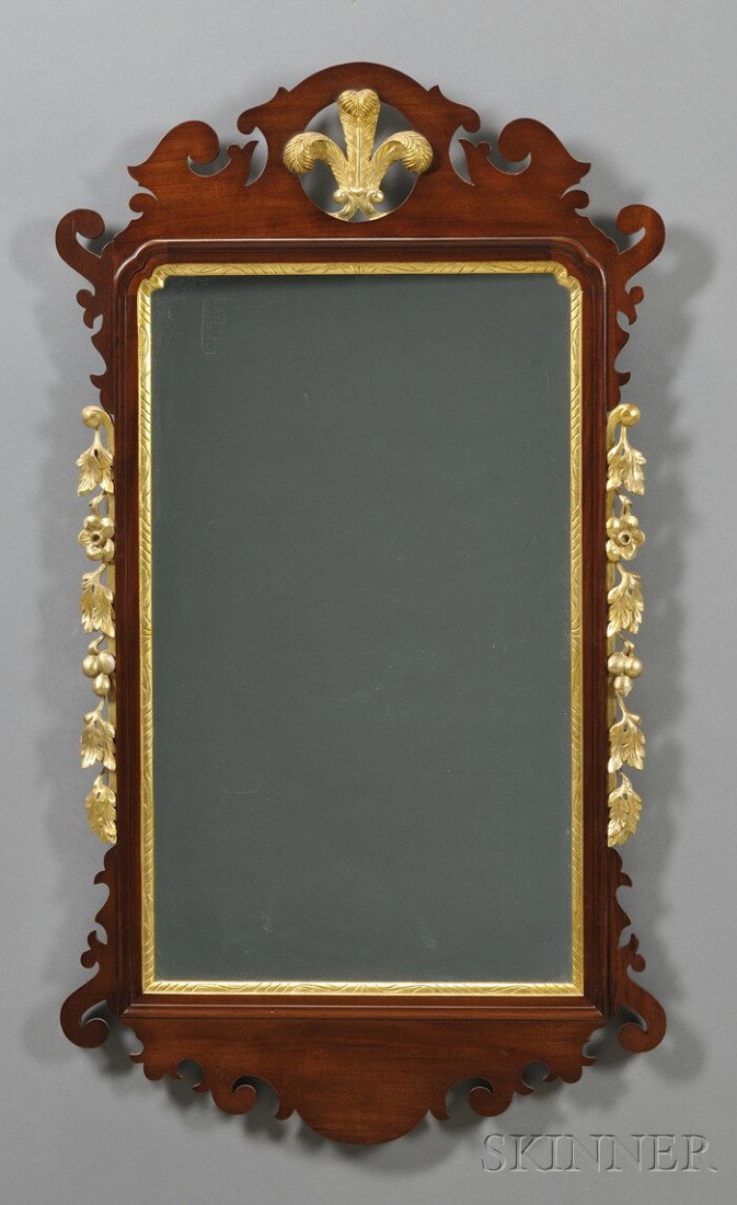 Chippendale-style Mahogany and Gilt-gesso Mirror, : Chippendale-style Mahogany and Gilt-gesso Mirror, Nathan Margolis, Hartford, Connecticut, probably 1940s, with brand, ht. 45 1/4, wd. 25 1/2 in.