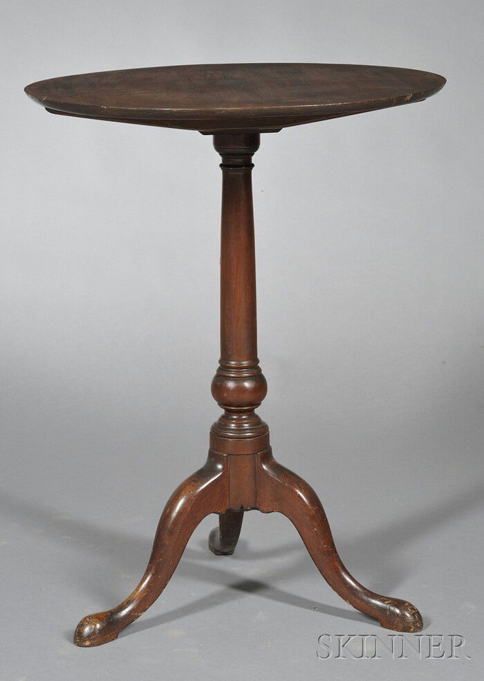 Chippendale Walnut Tilt-top Tea Table, probably Pe: Chippendale Walnut Tilt-top Tea Table, probably Pennsylvania, late 18th century, the circular top tilts on a columnar ring-turned post on a turned ball and tripod base of cabriole legs ending in pad f