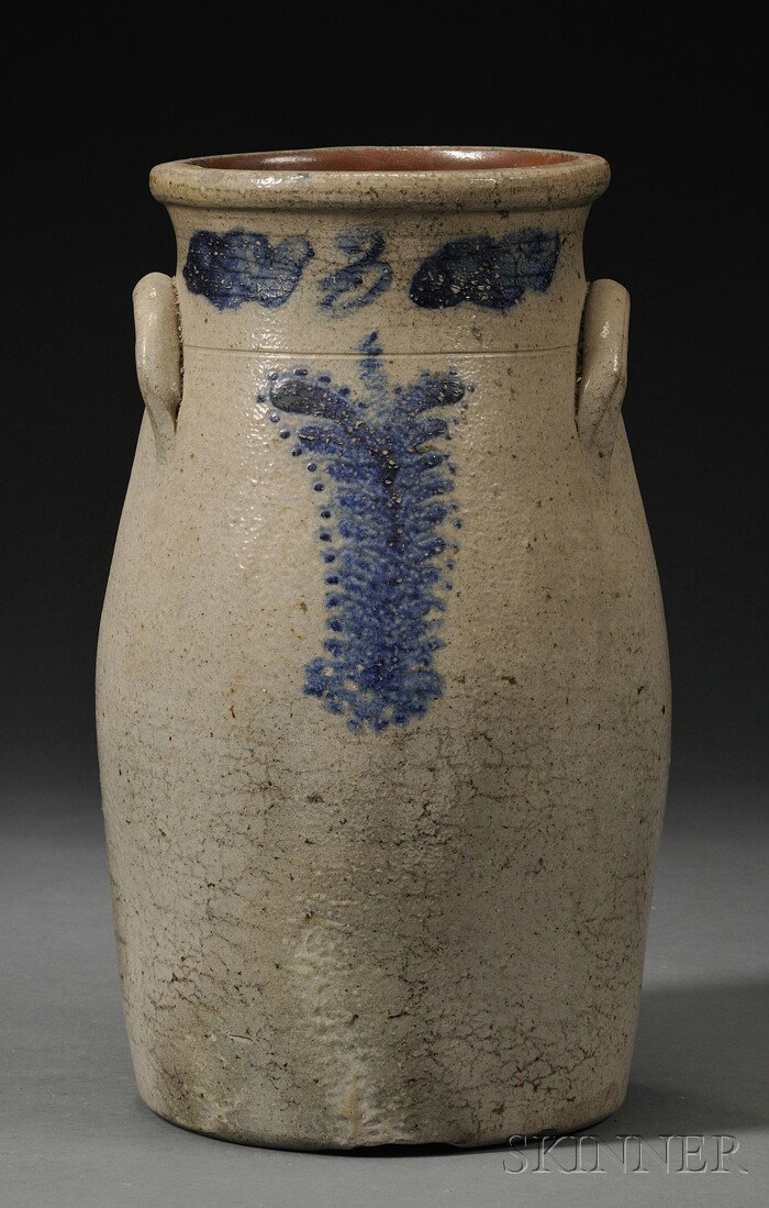 Cobalt-decorated Stoneware Butter Churn, America, : Cobalt-decorated Stoneware Butter Churn, America, mid-20th century, three-gallon churn with applied lug handles, decorated with a stylized brushed dot and foliate design, (crazing), ht. 14 3/4 in.