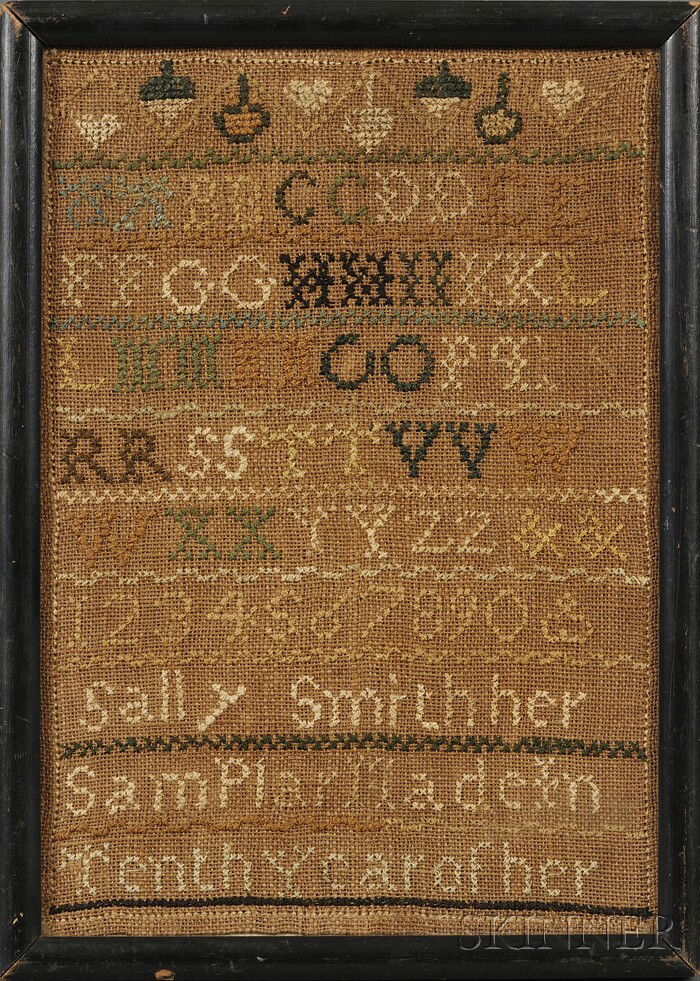 Needlework Sampler, "Sally Smith her SamPlar Made: Needlework Sampler, "Sally Smith her SamPlar Made In Tenth Year of her," probably Salem, Massachusetts, c. 1788, stitched with silk threads on a linen ground, with a border of acorns, strawberries and