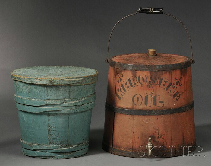 Painted Woodenware Covered Tub and Kerosene Oil Ke: Painted Woodenware Covered Tub and Kerosene Oil Keg, America, 19th century, a stave and lapped wooden hoop constructed tub painted green-blue, and a stave and iron hoop constructed keg with spigot, wi