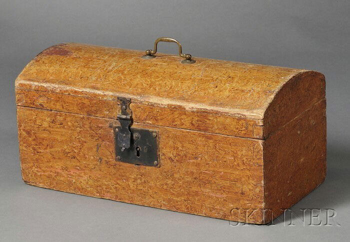 Putty-painted Dome-top Box, America, early 19th ce: Putty-painted Dome-top Box, America, early 19th century, rectangular pine box with dovetail construction, brass swing handle on lid, and iron latch, (imperfections), ht. 7 1/2, wd. 16, dp. 8 in.