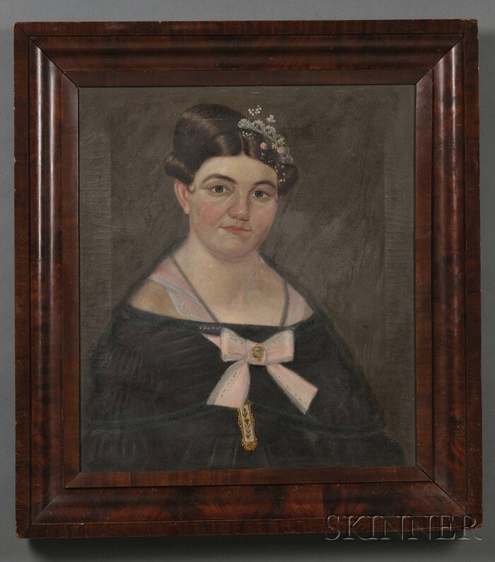 Andrew J. Bascom (American, 19th Century) Portrait: Andrew J. Bascom (American, 19th Century) Portrait of Amey Ann Haskell in Her 24th Year. Inscribed and dated "A.J. Bascom Pinxt Apr. 1839/For Amey Ann Haskell in her 24th Year" verso. Oil on cotton be
