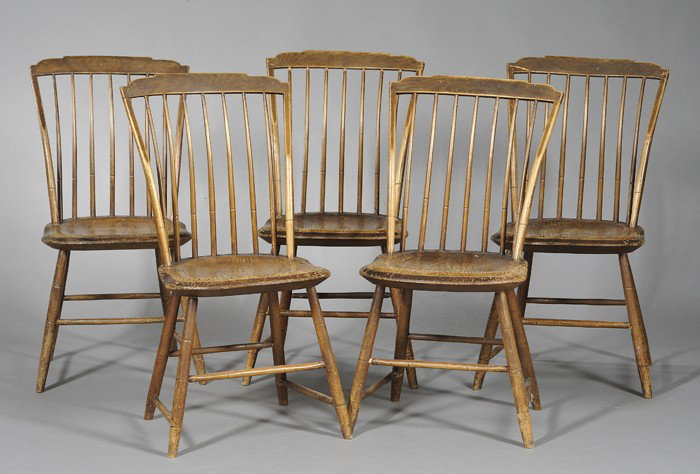 Set of Five Painted Step-down Windsor Side Chairs,: Set of Five Painted Step-down Windsor Side Chairs, New England, c. 1810, with bamboo turnings, old worn mustard grain-painted surface, ht. 34 3/4, seat ht. 17 in.