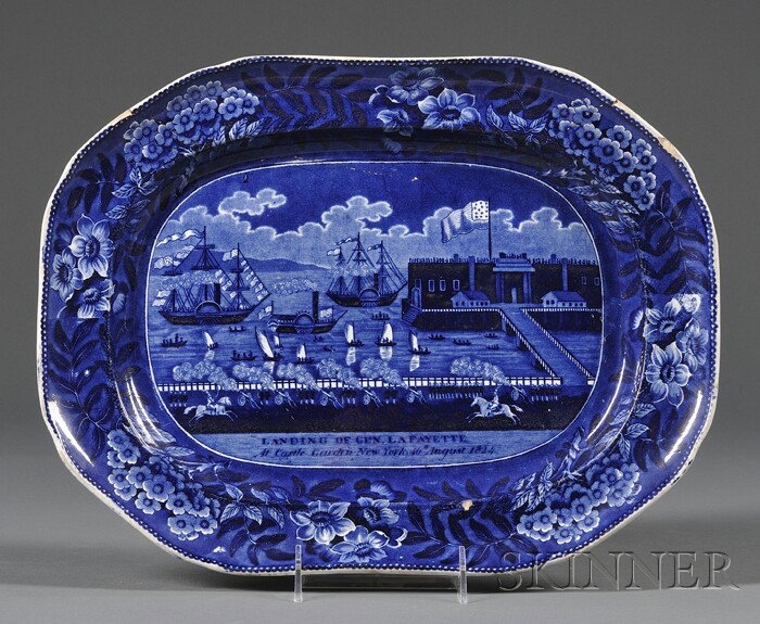 Historic Transfer-decorated Staffordshire Pottery : Historic Transfer-decorated Staffordshire Pottery Platter Landing of LaFayette, James and Ralph Clews, Cobridge, 1819-36, oblong platter with blue and white transfer decoration depicting the "Landing 