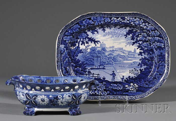 Scenic Blue Transfer-decorated Staffordshire Platt: Scenic Blue Transfer-decorated Staffordshire Platter and Reticulated Footed Bowl, England, early 19th century, oblong platter made by Clews depicting gentlemen fishing from the shore on a river with f