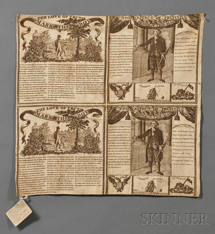Copper Plate Printed Washington Memorial Handkerch: Copper Plate Printed Washington Memorial Handkerchief Panel, early 19th century, four panels printed in brown on white cotton, two of each motif: "The Love of Truth Mark the Boy" and "The Effect of Pr