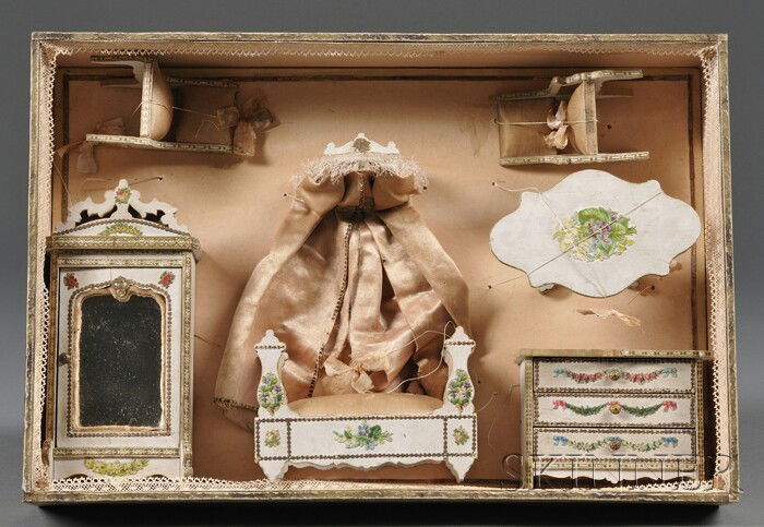 Set of Painted and Decorated Doll Furniture in Ori: Set of Painted and Decorated Doll Furniture in Original Box, France, late 19th century, white-painted furniture with applied lithographed die-cut floral and gilt ornament, six-piece set including a mi